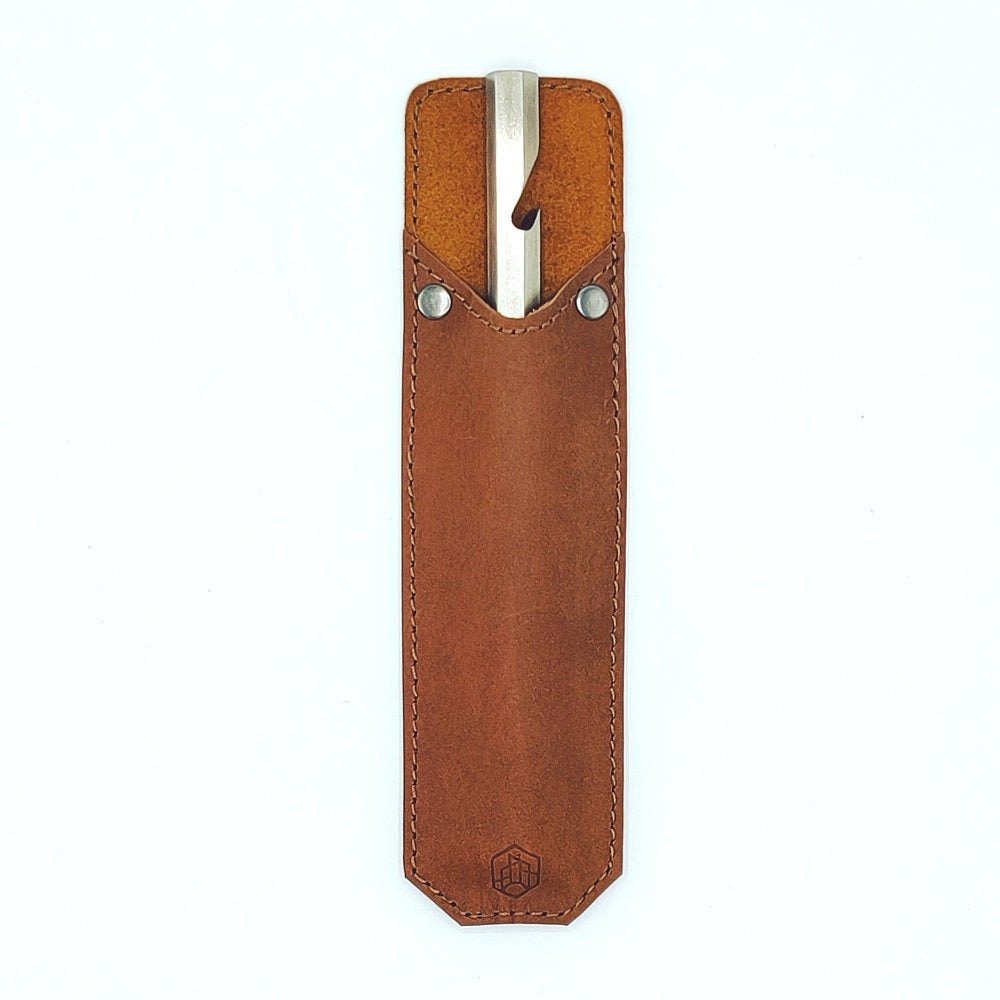 Bottle opener with leather sleeve