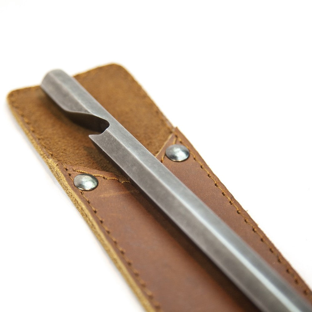 Bottle opener with leather sleeve